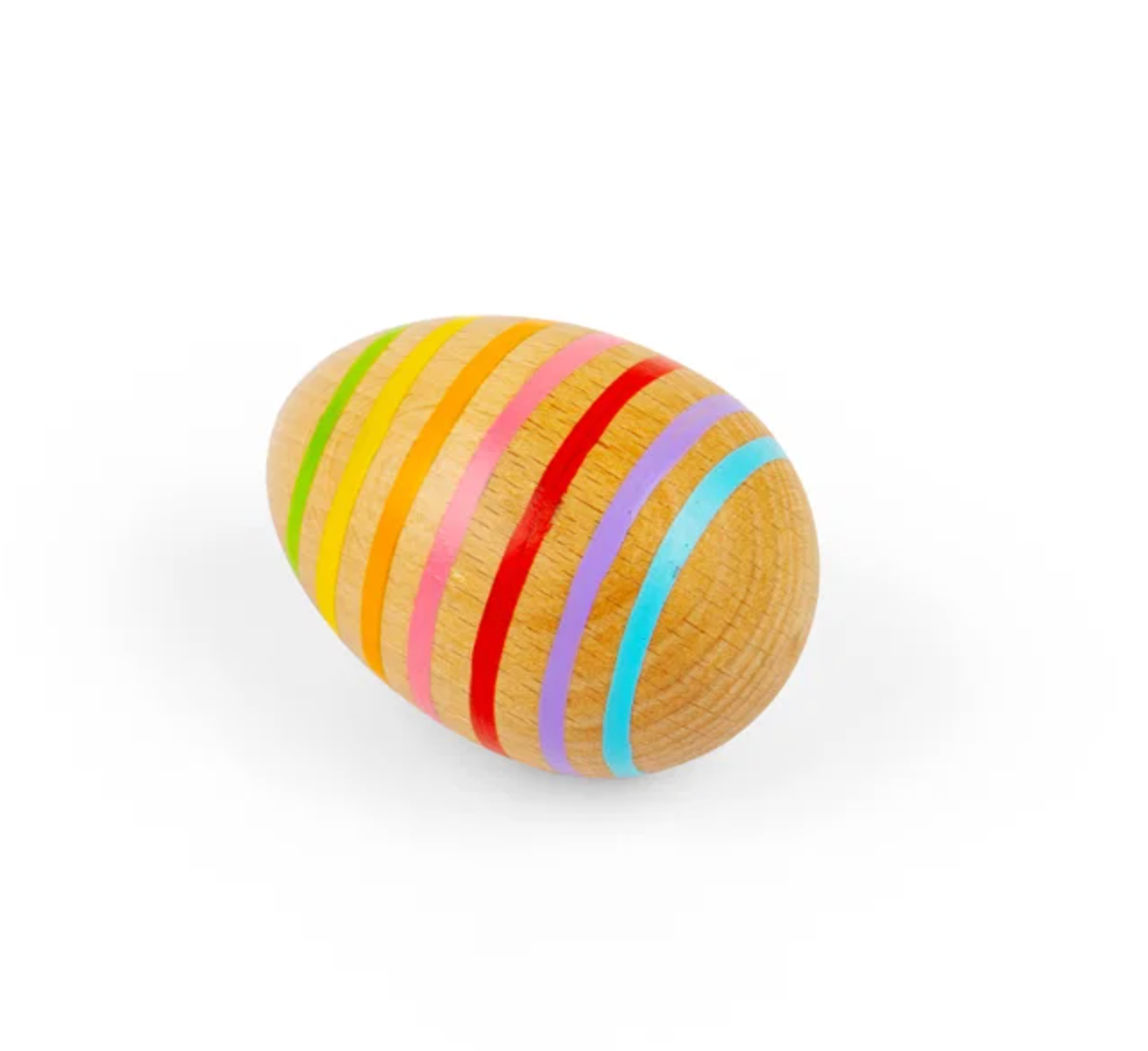 Bigjigs wooden egg shaker — angled view showing smooth natural wood egg shape with vivid rainbow stripes in green, yellow, orange, pink, red, purple and blue, on white background