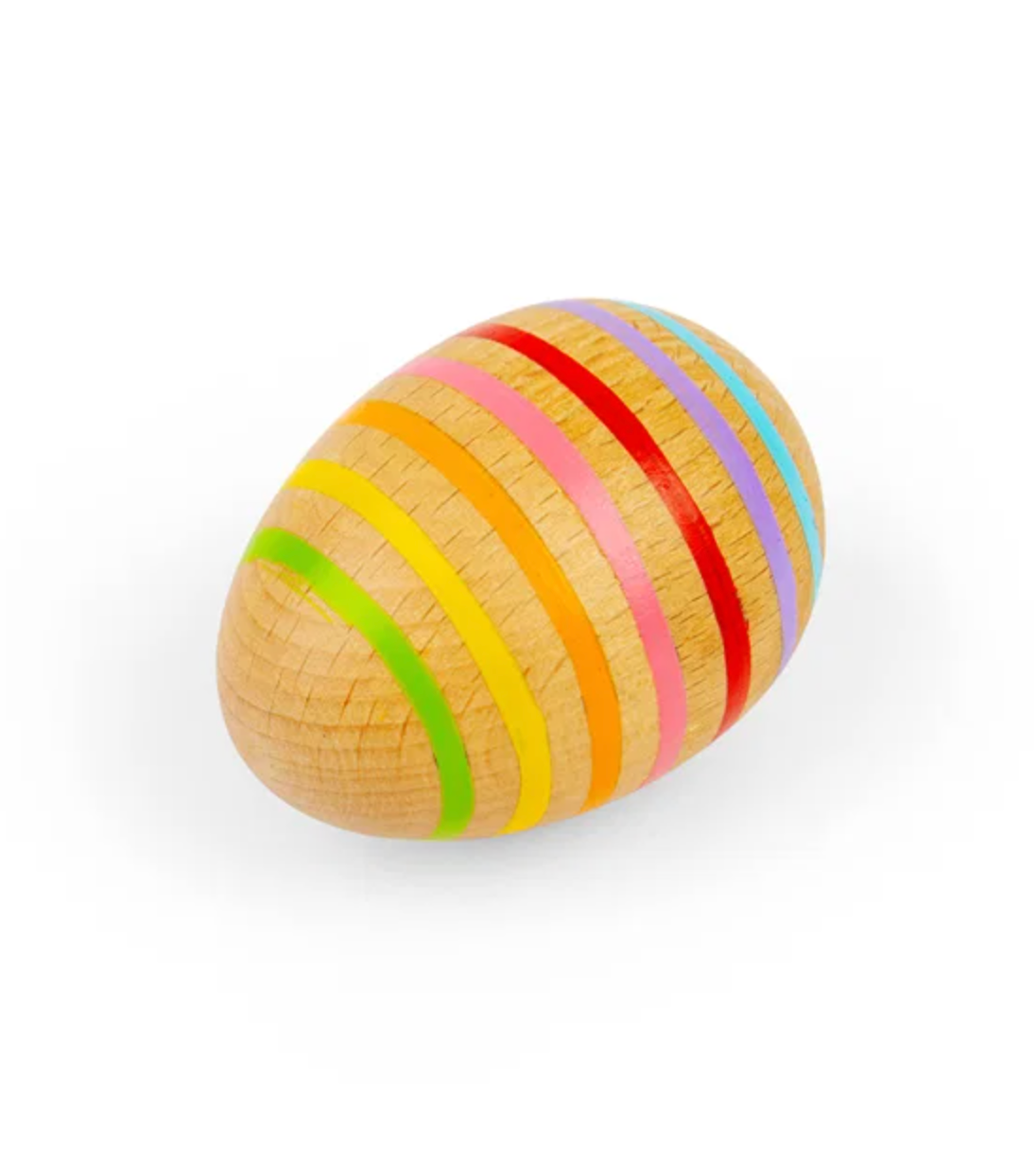 Bigjigs wooden egg shaker — side angle showing the rainbow stripe design in green, yellow, orange, pink, red, purple and blue on natural wood, on white background