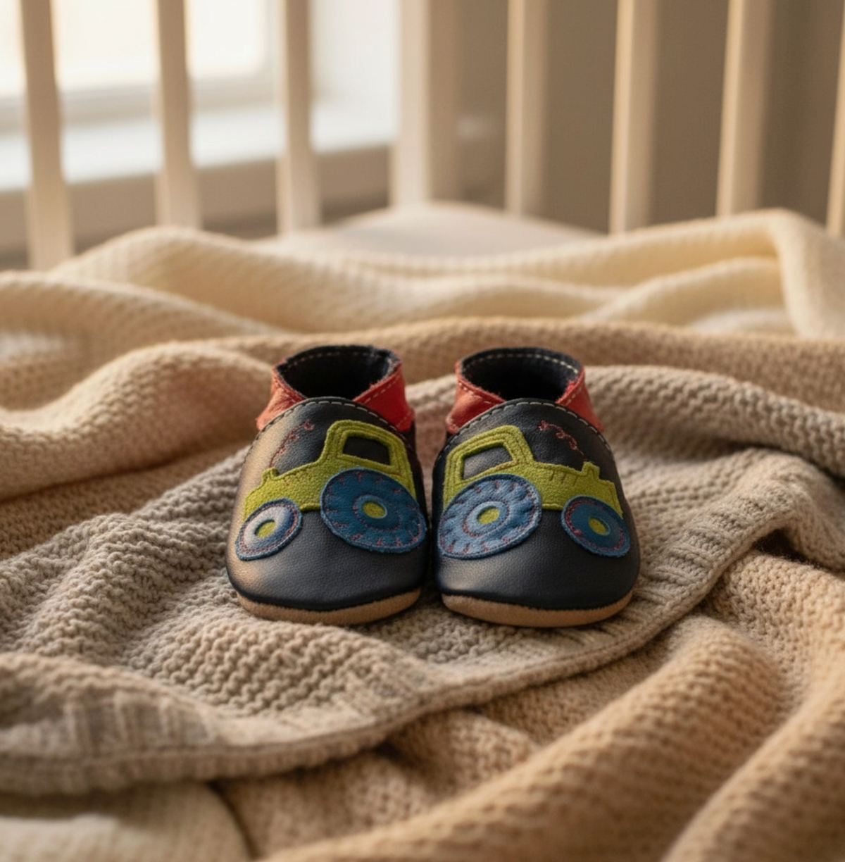 pair of shoes sitting together on a soft cream chunky knit blanket in front of a white-painted wooden cot/crib rail; warm, cosy nursery feel; natural light from a window softly illuminated from the left