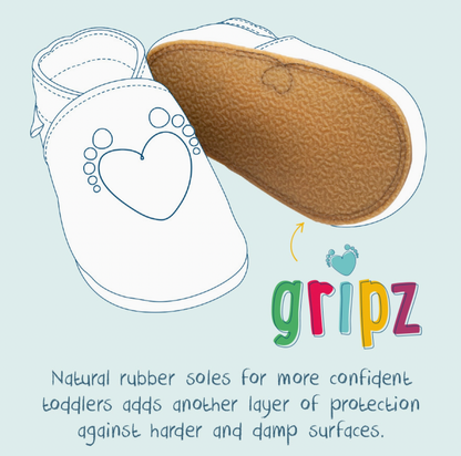 Inch Blue Gripz rubber sole infographic on a pale blue background; line drawing illustration of a baby shoe with the Gripz branded natural rubber sole shown in photograph; colourful Gripz logo; text explaining natural rubber soles for more confident toddlers on harder and damp surfaces
