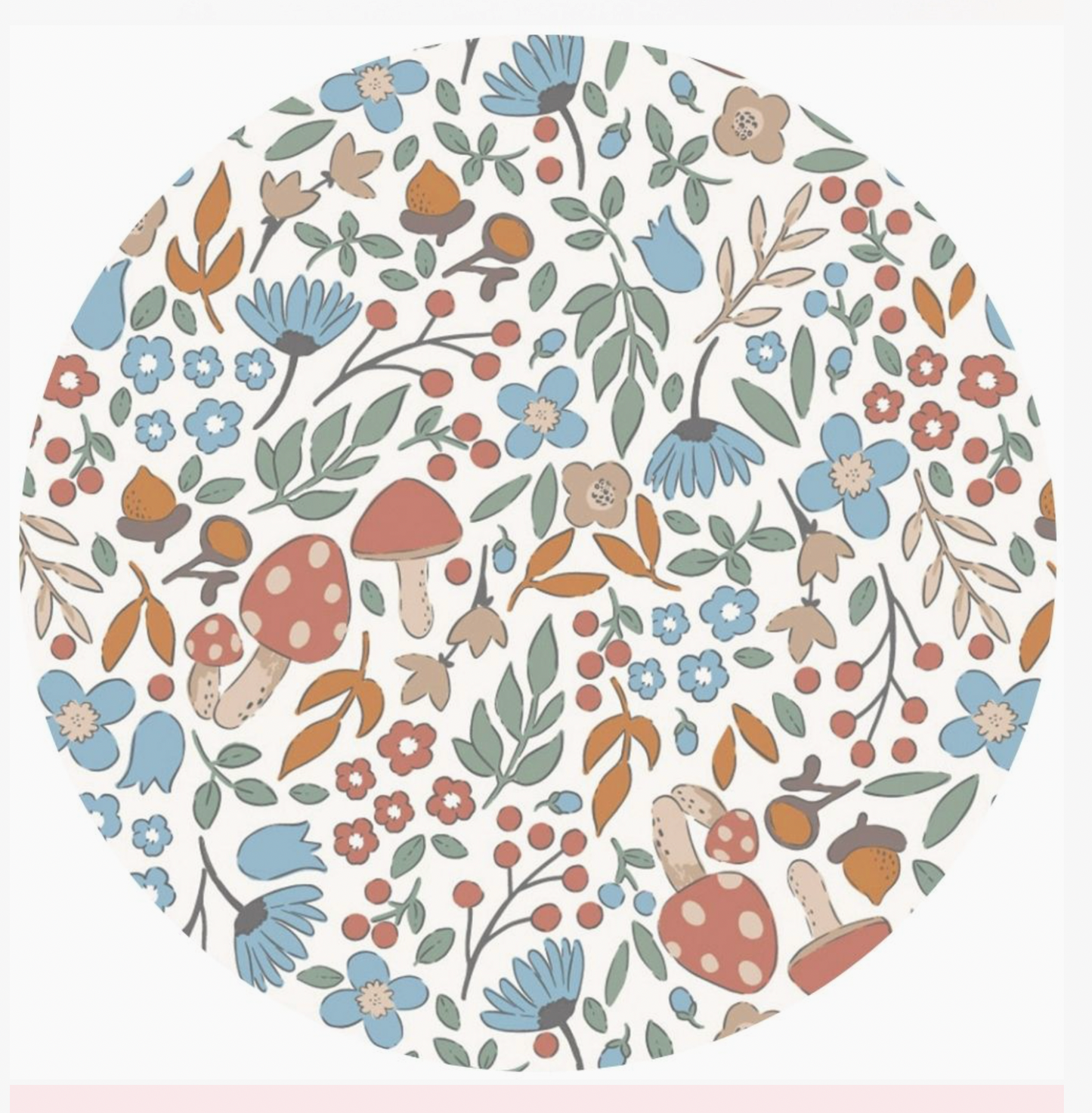 Circular print swatch detail of the Inch Blue Winnie woodland leather print on a white background; showing the full repeat pattern including red and white spotted fly agaric toadstools of various sizes, blue cornflowers and daisy-type flowers with dark centres, small coral and pink five-petal wildflowers, red berry clusters on curving stems, blue tulip buds, tan acorns with brown caps, sage and olive green leaves of various shapes, orange and amber autumn leaves, and small dark blue flower buds; cream off-w