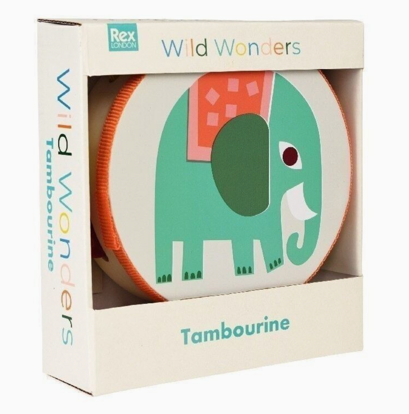 Rex London Wild Wonders elephant tambourine — front view in packaging box labelled "Wild Wonders Tambourine" showing the teal elephant with orange-and-pink patterned blanket printed on the natural wood drum face, orange fabric-wrapped rim and multicolour jingle cymbals visible at the sides
