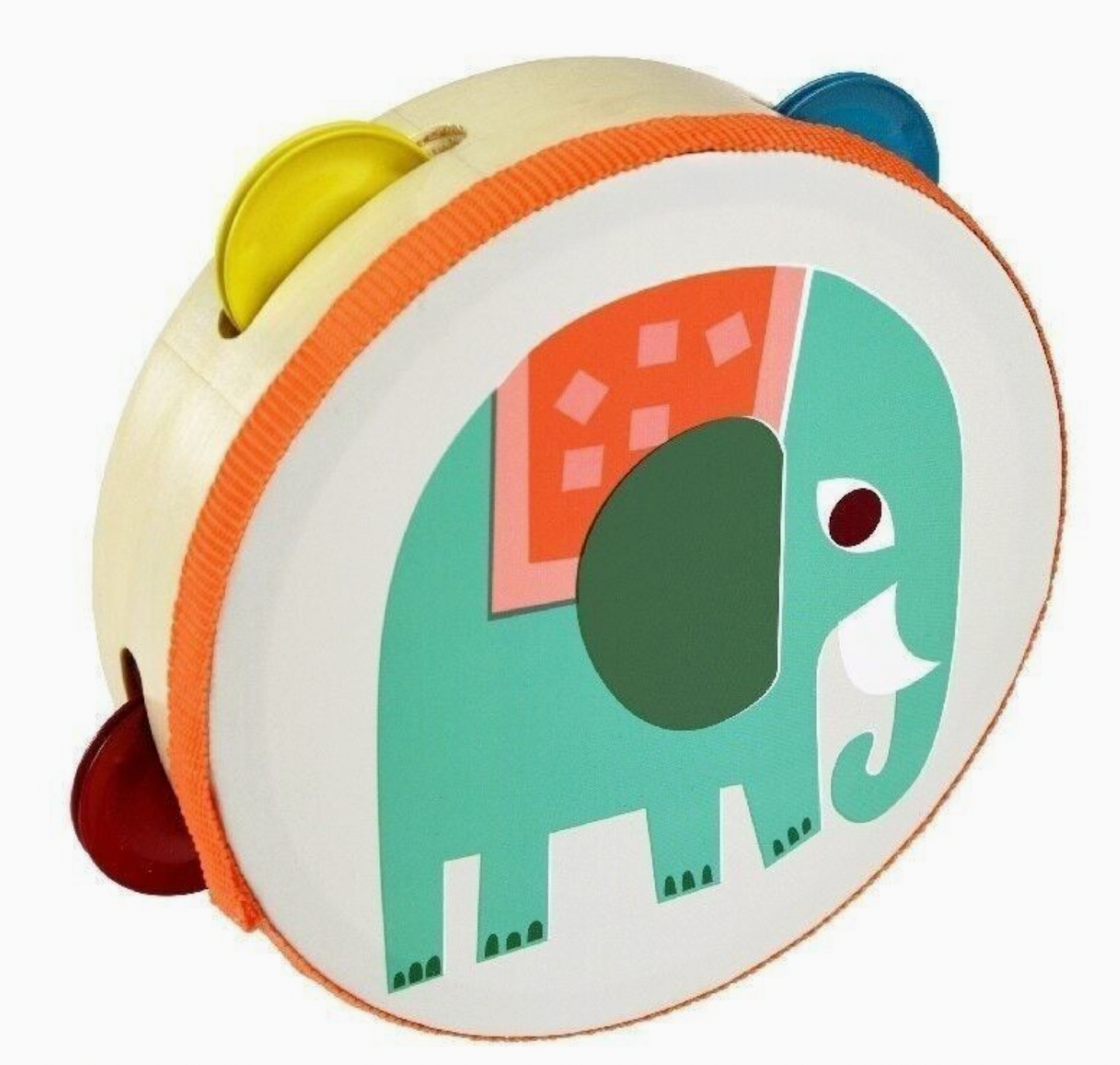 Rex London Wild Wonders elephant tambourine — three-quarter view out of box showing the natural wood open-back frame with orange fabric-wrapped rim, teal elephant with orange-and-pink patterned blanket on the drum face, and five pairs of multicolour plastic jingle cymbals in blue, yellow, green and red