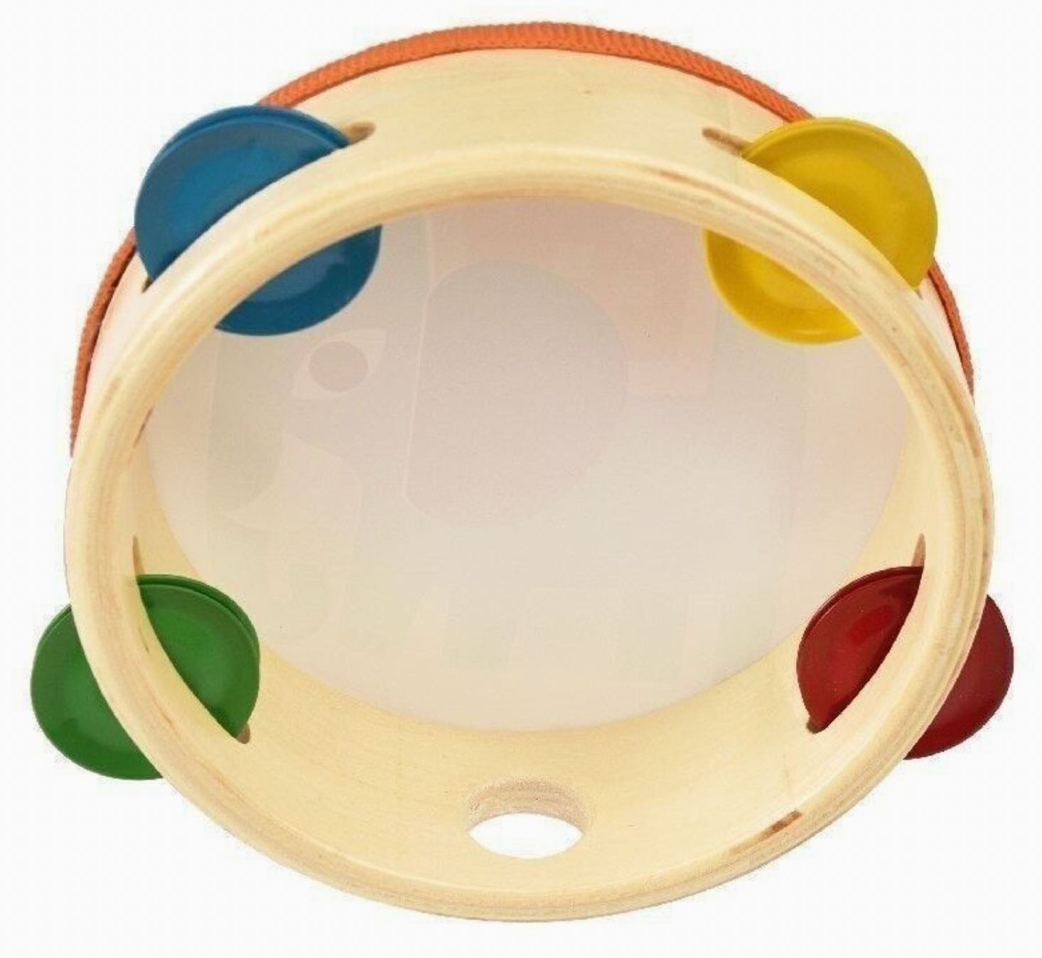Rex London Wild Wonders elephant tambourine — back view showing the open natural wood frame construction with five pairs of multicolour plastic jingle cymbals (blue, yellow, green, red and orange) set into the orange fabric-wrapped rim
