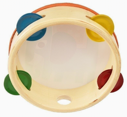 Rex London Wild Wonders elephant tambourine — back view showing the open natural wood frame construction with five pairs of multicolour plastic jingle cymbals (blue, yellow, green, red and orange) set into the orange fabric-wrapped rim