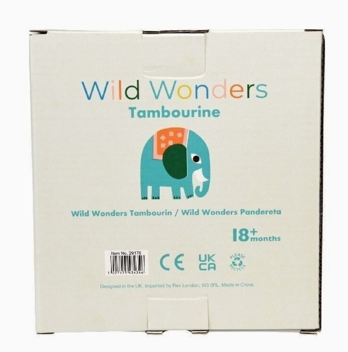Rex London Wild Wonders elephant tambourine — back of packaging box showing "Wild Wonders Tambourine" heading with teal elephant illustration, CE and UKCA marks, item No. 29176, age 18+ months, recyclable packaging symbol, and "Designed in the UK. Imported by Rex London W3 0RL. Made in China."