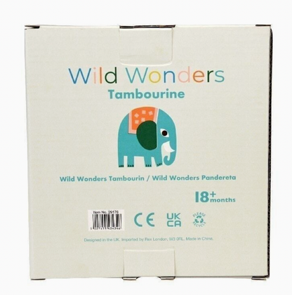 Rex London Wild Wonders elephant tambourine — back of packaging box showing "Wild Wonders Tambourine" heading with teal elephant illustration, CE and UKCA marks, item No. 29176, age 18+ months, recyclable packaging symbol, and "Designed in the UK. Imported by Rex London W3 0RL. Made in China."