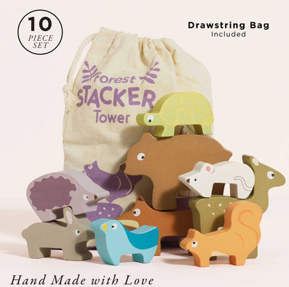 Le Toy Van Forest Stacking Wooden Animals set — "10 Piece Set" and "Drawstring Bag Included" labels; all 10 pieces shown with cotton drawstring bag printed "Forest Stacker Tower" in purple; "Hand Made with Love" text