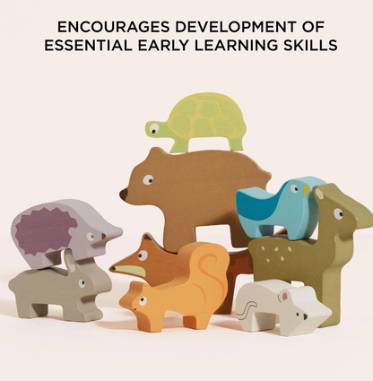 Le Toy Van Forest Stacking Wooden Animals set — styled stacking scene showing bear, tortoise, blue bird, fawn, hedgehog, rabbit, fox, squirrel and white mouse balanced together; "Encourages Development of Essential Early Learning Skills" heading
