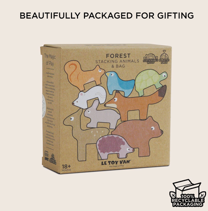Le Toy Van Forest Stacking Wooden Animals set — gift box packaging labelled "Forest Stacking Animals & Bag" with sustainable wood and plastic-free badges, age 18 months+, 100% recyclable packaging; "Beautifully Packaged for Gifting" heading