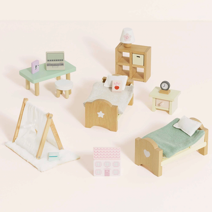 Le Toy Van 24-piece children's bedroom dolls house furniture set — all pieces shown together including two single beds with star and heart cut-out headboards, mint green desk with miniature laptop, bookshelf unit, teepee den, bedside table with alarm clock and pink dolls house toy box