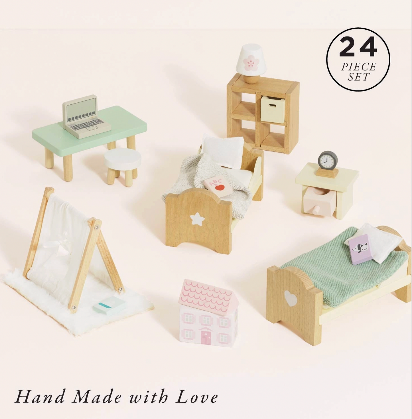 Le Toy Van 24-piece children's bedroom dolls house furniture set — all pieces shown with "Hand Made with Love" and "24 Piece Set" branding, including two beds, mint green desk, teepee den, bookshelf and accessories