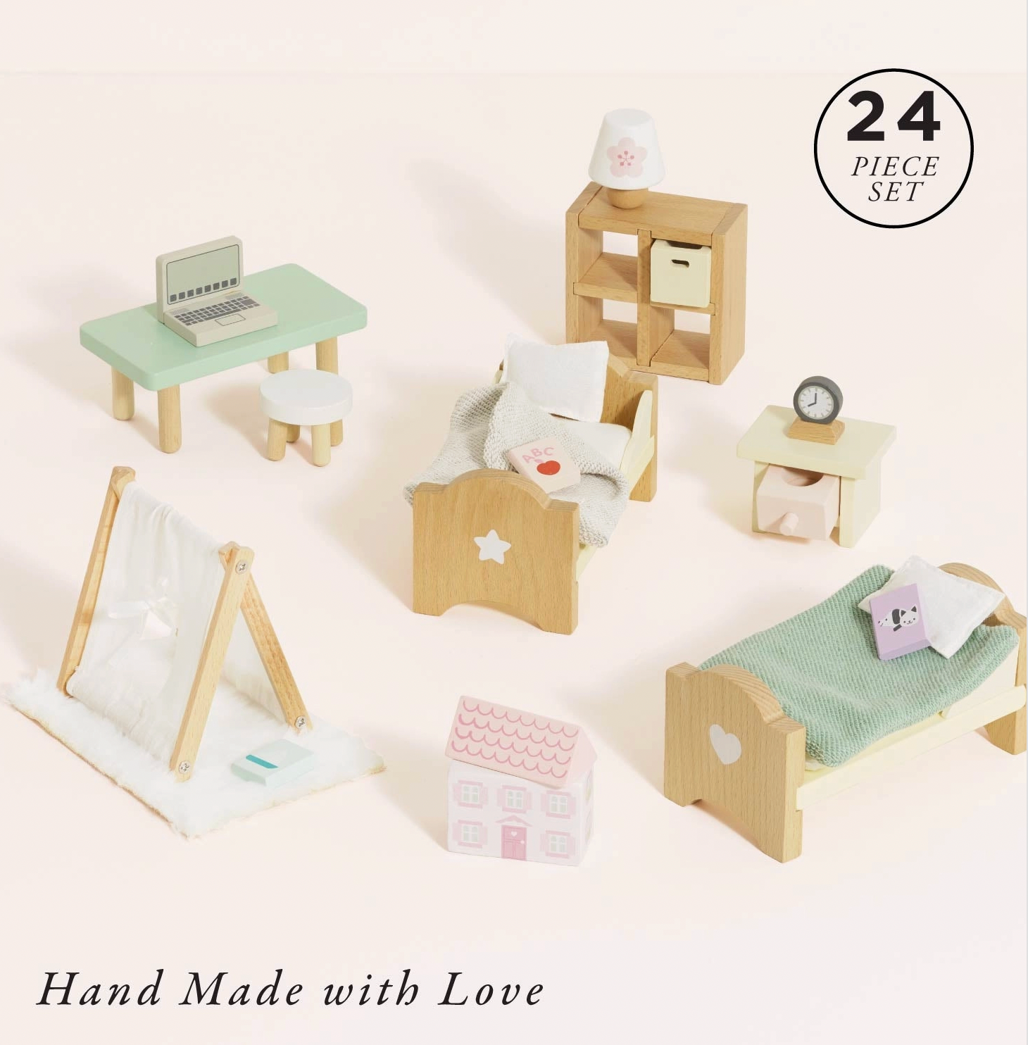 Le Toy Van 24-piece children's bedroom dolls house furniture set — all pieces shown with "Hand Made with Love" and "24 Piece Set" branding, including two beds, mint green desk, teepee den, bookshelf and accessories