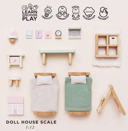 Le Toy Van children's bedroom dolls house furniture set — flat-lay of all 24 pieces including two single beds with cream and sage green quilts, mint green desk, bookshelf unit with storage box, bedside table, teepee frame, stool, mushroom lamp and accessories, with "Doll House Scale 1:12" label