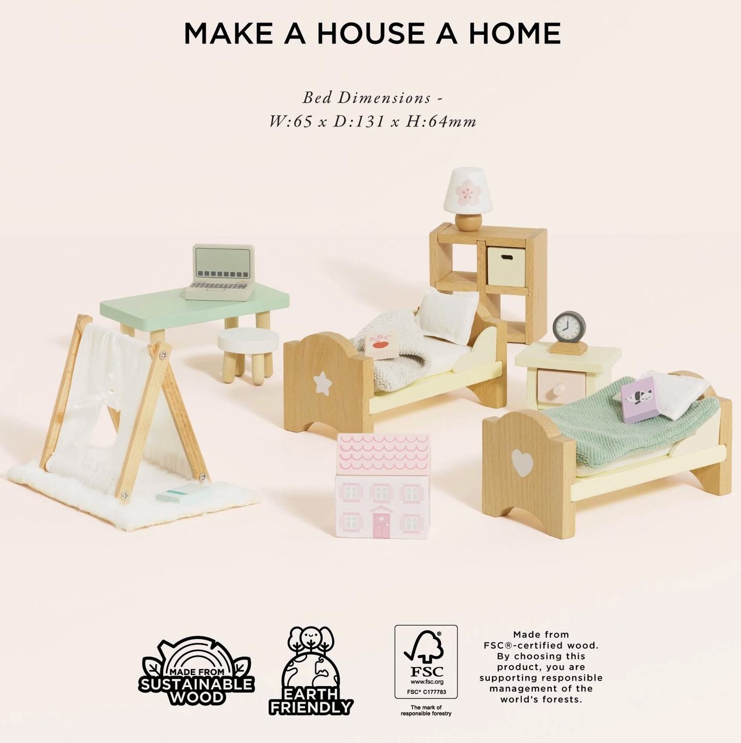 Le Toy Van children's bedroom dolls house furniture set — styled scene showing two single beds with star and heart headboards, mint green desk with laptop, teepee den, bookshelf and pink toy box, with FSC certified sustainable wood and earth friendly badges and bed dimensions W:65 x D:131 x H:64mm