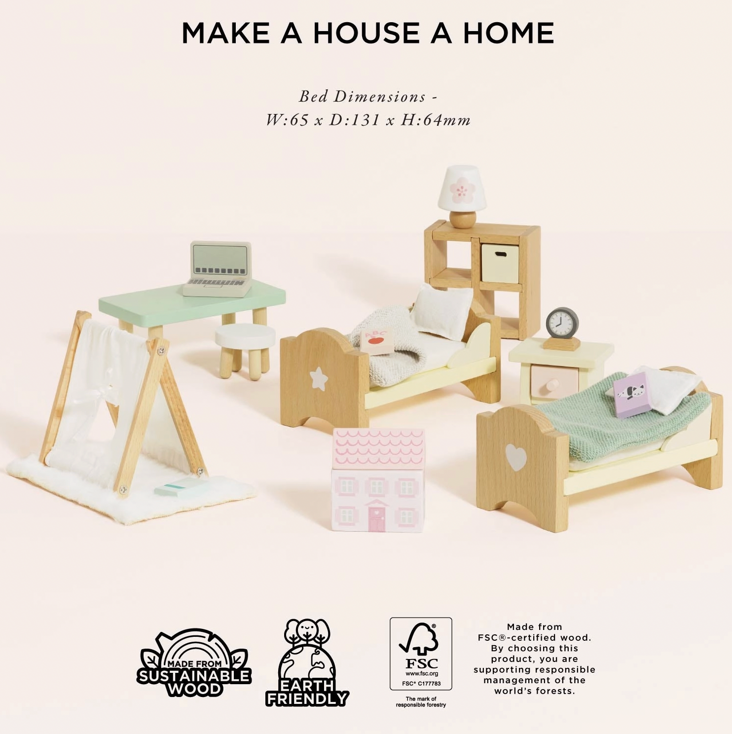 Le Toy Van children's bedroom dolls house furniture set — styled scene showing two single beds with star and heart headboards, mint green desk with laptop, teepee den, bookshelf and pink toy box, with FSC certified sustainable wood and earth friendly badges and bed dimensions W:65 x D:131 x H:64mm