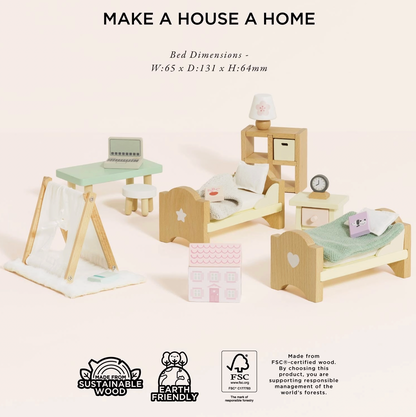 Le Toy Van children's bedroom dolls house furniture set — styled scene showing two single beds with star and heart headboards, mint green desk with laptop, teepee den, bookshelf and pink toy box, with FSC certified sustainable wood and earth friendly badges and bed dimensions W:65 x D:131 x H:64mm