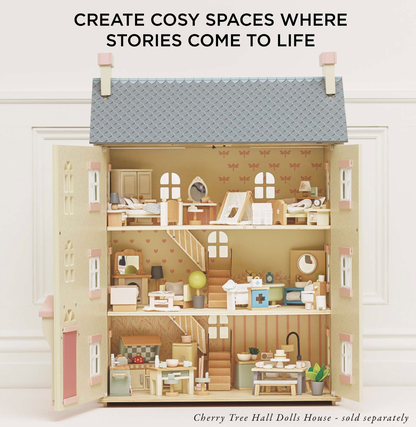 Le Toy Van children's bedroom dolls house furniture set — styled in a Le Toy Van Cherry Tree Hall dolls house (sold separately), showing the bedroom furniture in situ across multiple floors