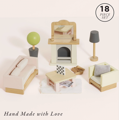 Le Toy Van 18-piece sitting room dolls house furniture set — flat lay of all pieces with "18 Piece Set" and "Hand Made with Love" labels, showing blush sofa, cream armchair, fireplace, coffee table, side table, floor lamp, topiary tree and white rug