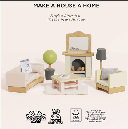 Le Toy Van sitting room dolls house furniture set — styled scene showing all pieces arranged together with fireplace dimensions W:105 x D:40 x H:152mm, FSC certified sustainable wood and earth friendly badges