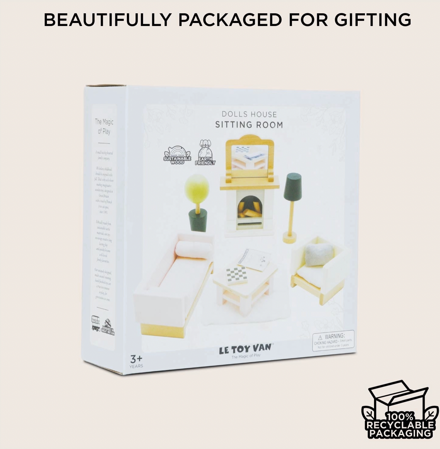 Le Toy Van sitting room dolls house furniture set — product gift box packaging labelled "Dolls House Sitting Room" with sustainable wood and earth friendly badges, age 3+, 100% recyclable packaging