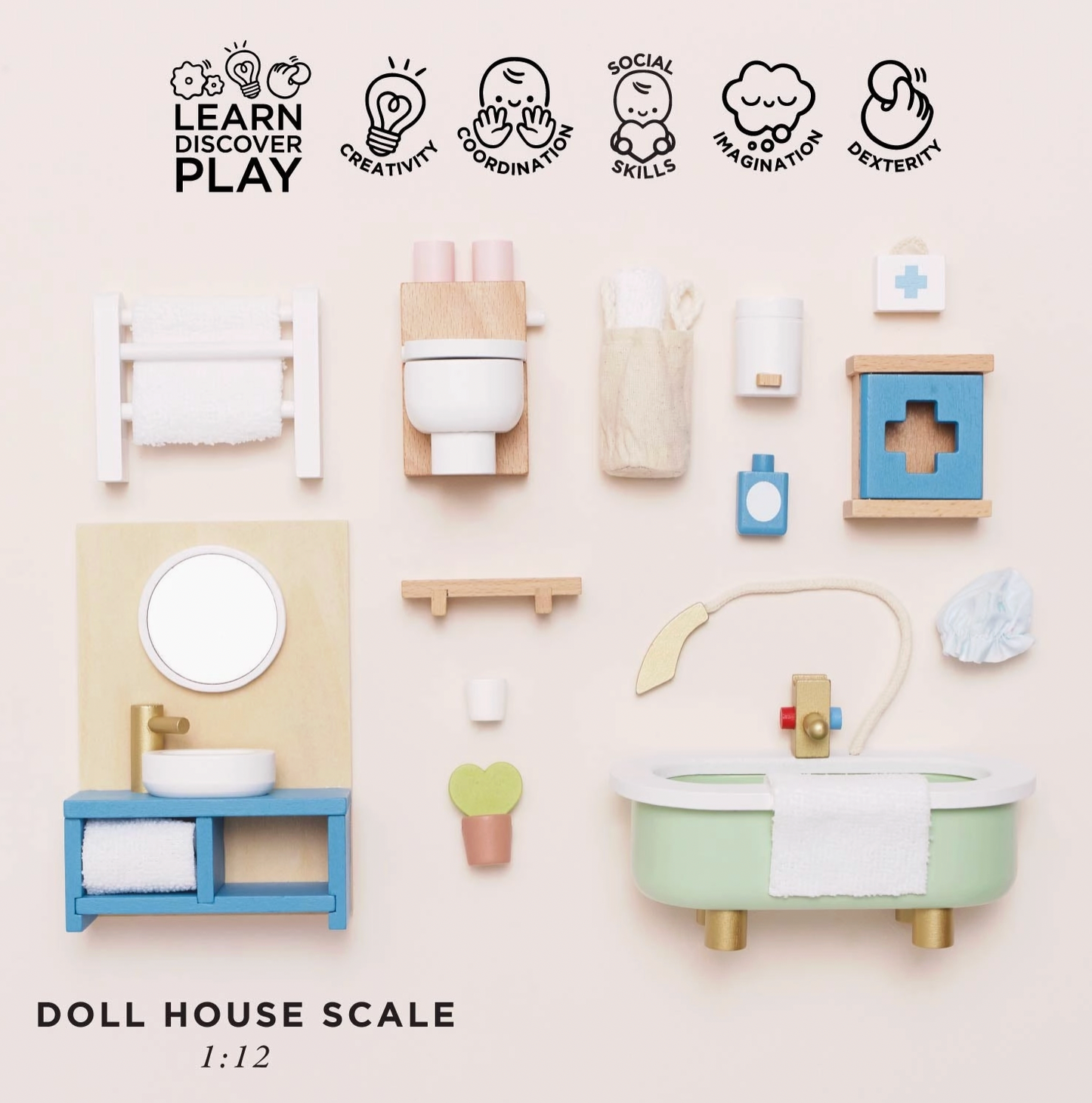 Le Toy Van wooden bathroom dolls house furniture set — flat lay of all pieces with "Doll House Scale 1:12" label and play skills icons for creativity, coordination, social skills, imagination and dexterity; includes roll-top bath, vanity unit, toilet, towel rail, first aid cabinet, shampoo bottle, toothbrush cup, bath mat and bath puff