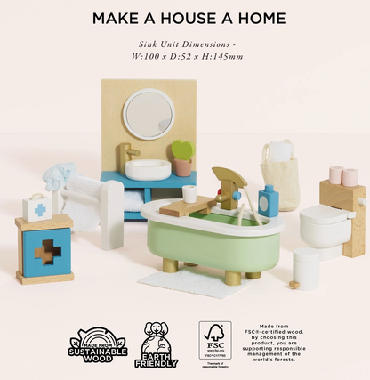 Le Toy Van wooden bathroom dolls house furniture set — styled scene with "Make a House a Home" heading and sink unit dimensions W:100 x D:52 x H:145mm; FSC certified sustainable wood and earth friendly badges; showing all pieces arranged together