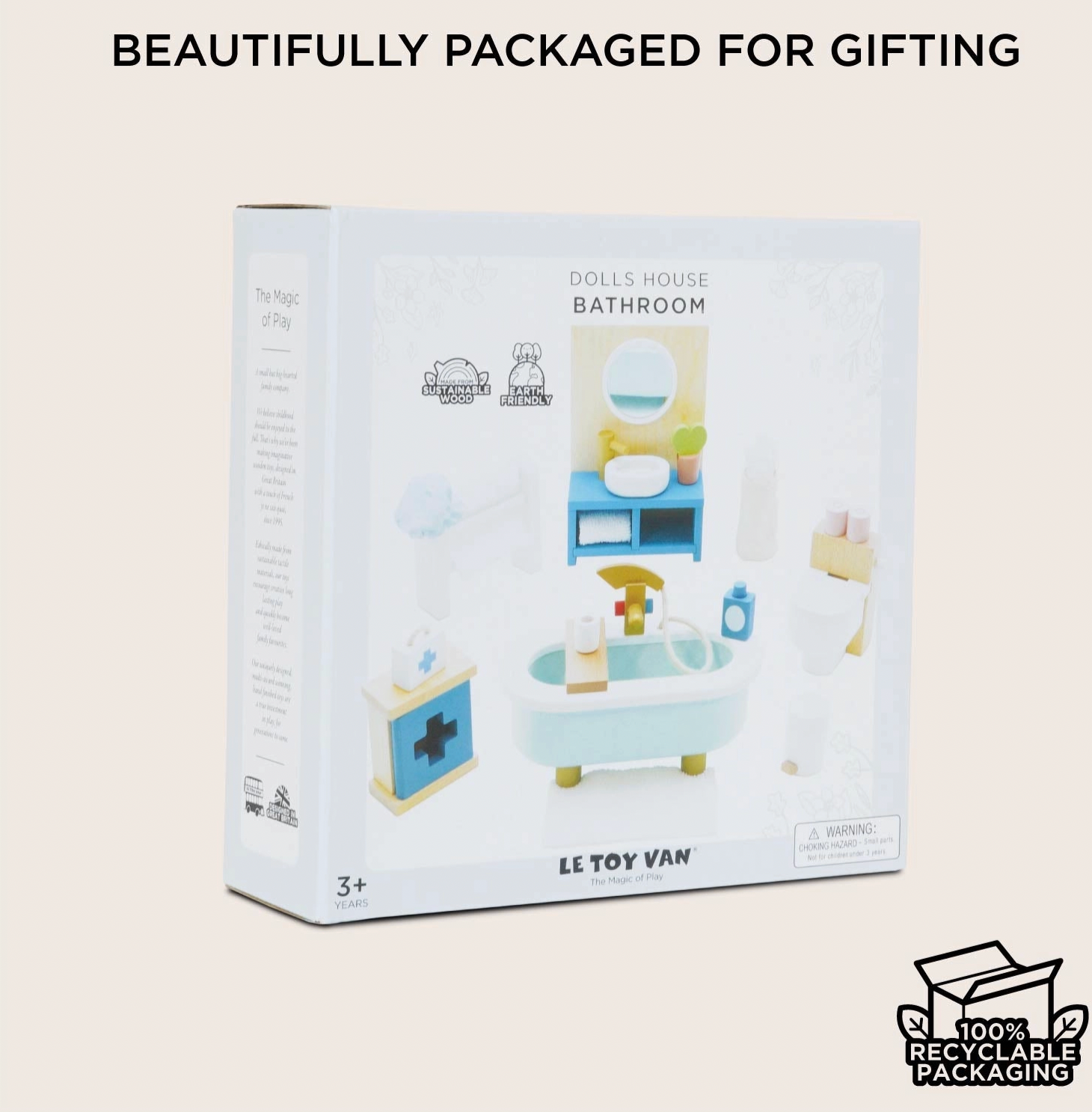Le Toy Van wooden bathroom dolls house furniture set — gift box packaging labelled "Dolls House Bathroom" with sustainable wood and earth friendly badges, age 3+, 100% recyclable packaging; "Beautifully Packaged for Gifting" heading