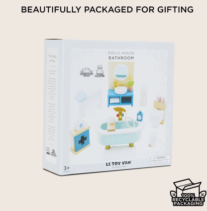 Le Toy Van wooden bathroom dolls house furniture set — gift box packaging labelled "Dolls House Bathroom" with sustainable wood and earth friendly badges, age 3+, 100% recyclable packaging; "Beautifully Packaged for Gifting" heading