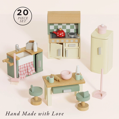 Le Toy Van 20-piece kitchen dolls house furniture set — styled scene with "20 Piece Set" and "Hand Made with Love" labels showing all pieces including cooker, sink unit, fridge, kitchen island, bar stools, mixing bowl, rolling pin, mugs and pink mop set