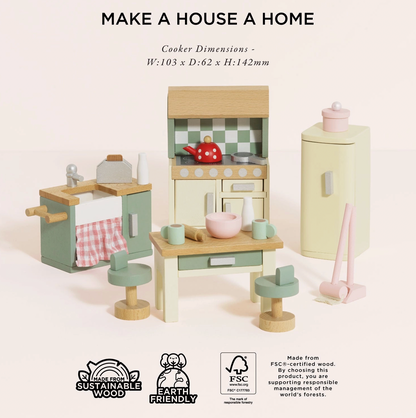 Le Toy Van kitchen dolls house furniture set — styled scene with "Make a House a Home" heading and cooker dimensions W:103 x D:62 x H:142mm; FSC certified sustainable wood and earth friendly badges; showing all pieces arranged together