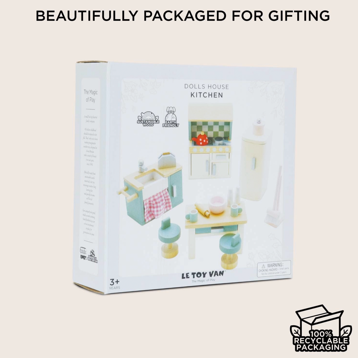 Le Toy Van kitchen dolls house furniture set — gift box packaging labelled "Dolls House Kitchen" with sustainable wood and earth friendly badges, age 3+, 100% recyclable packaging; "Beautifully Packaged for Gifting" heading