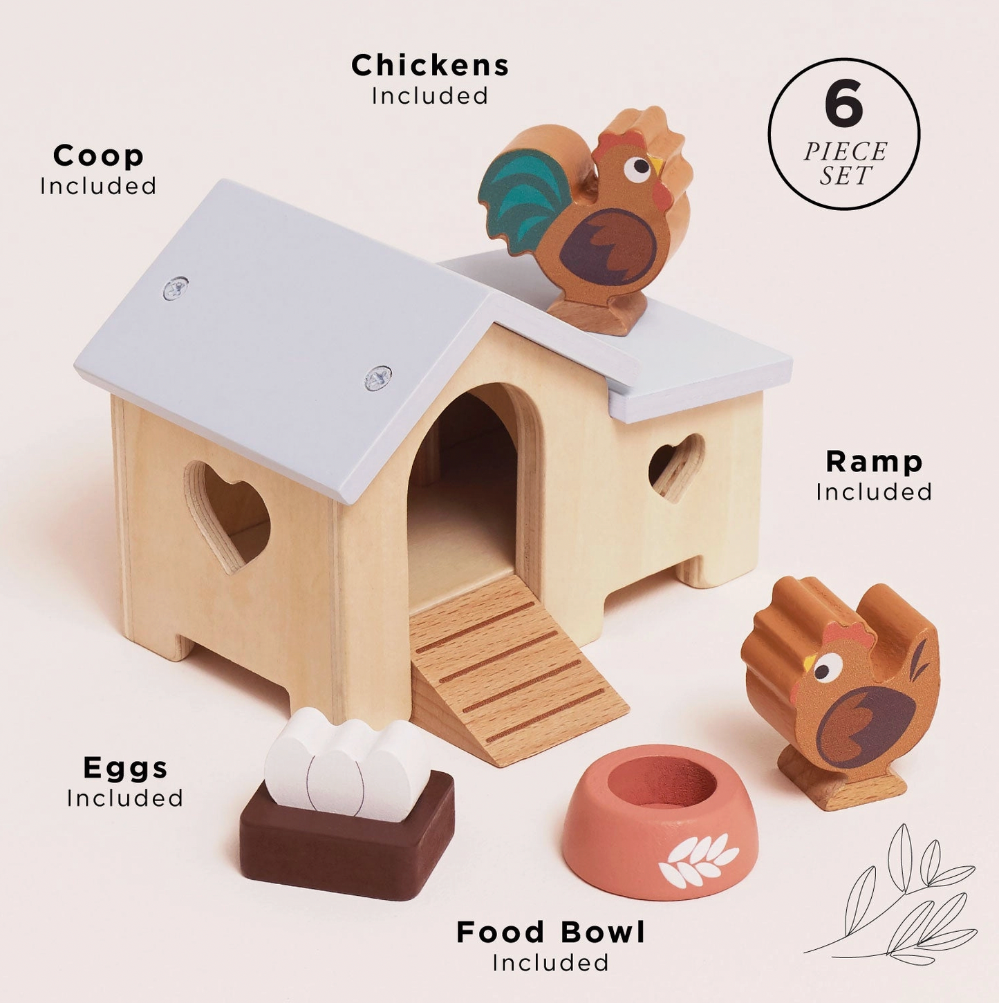 Le Toy Van wooden chicken coop set — labelled infographic showing all 6 pieces: coop, chickens, ramp, eggs and food bowl included; "6 Piece Set" badge