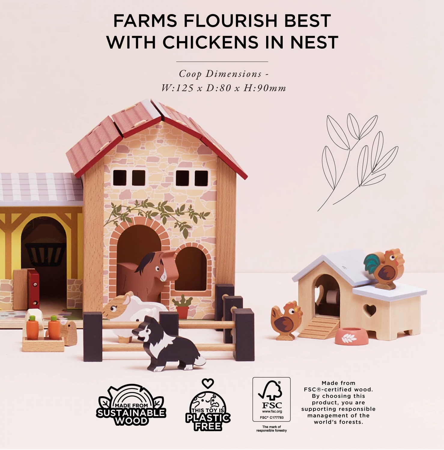 Le Toy Van wooden chicken coop set — flat lay of all 6 pieces on a neutral background showing the coop, pale blue lift-off roof, wooden ramp, rooster, hen, nest box with eggs and terracotta food bowl