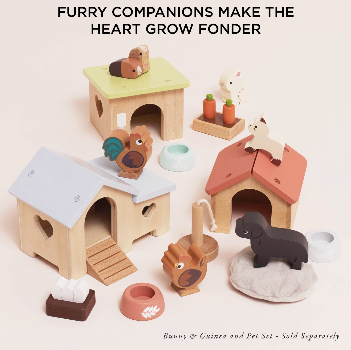 Le Toy Van wooden chicken coop set — lifestyle cross-sell image showing the chicken coop set alongside the Le Toy Van Bunny & Guinea Set and Pet Set (sold separately), with "Furry Companions Make the Heart Grow Fonder" heading