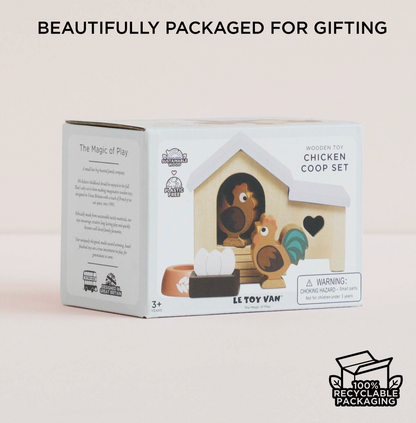 Le Toy Van wooden chicken coop set — gift box packaging labelled "Wooden Toy Chicken Coop Set" with sustainable wood and plastic-free badges, age 3+, designed in Great Britain, 100% recyclable packaging; "Beautifully Packaged for Gifting" heading
