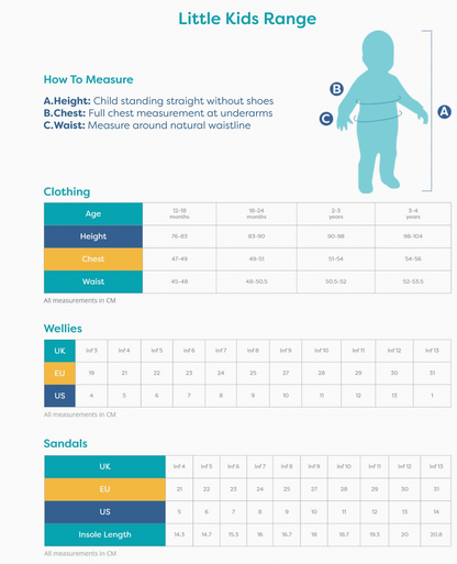 Grass & Air Little Kids Range size guide showing wellies sizing from UK Infant 3 to Infant 13 (EU 19–31), clothing size chart for ages 12 months to 3–4 years, and sandals sizing guide