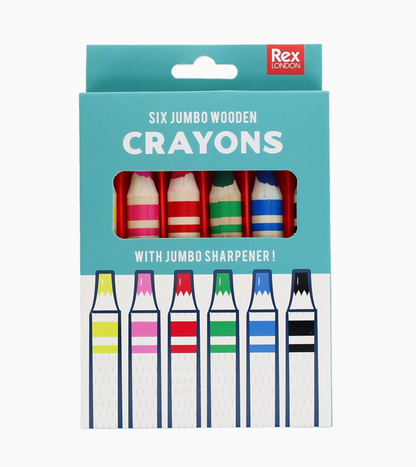 Rex London Six Jumbo Wooden Crayons set — front of teal printed card box with Euro hook slot showing "Six Jumbo Wooden Crayons with Jumbo Sharpener" and illustrated crayon graphics in yellow, magenta, red, green, blue and black