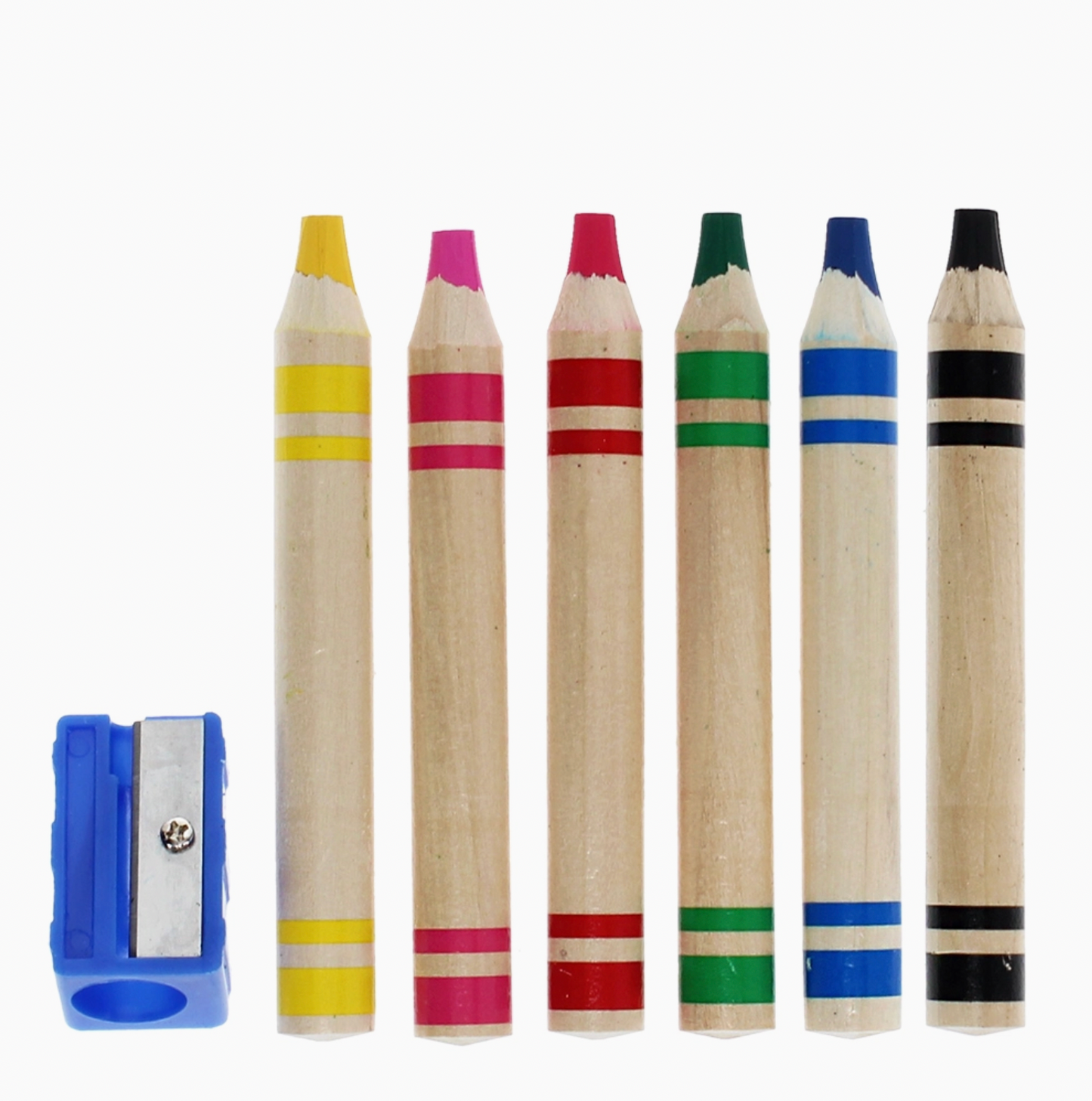 Rex London Six Jumbo Wooden Crayons set — all 6 crayons and blue jumbo sharpener laid out on white background; crayons in yellow, magenta, red, green, blue and black with colour-banded barrels; 12cm long