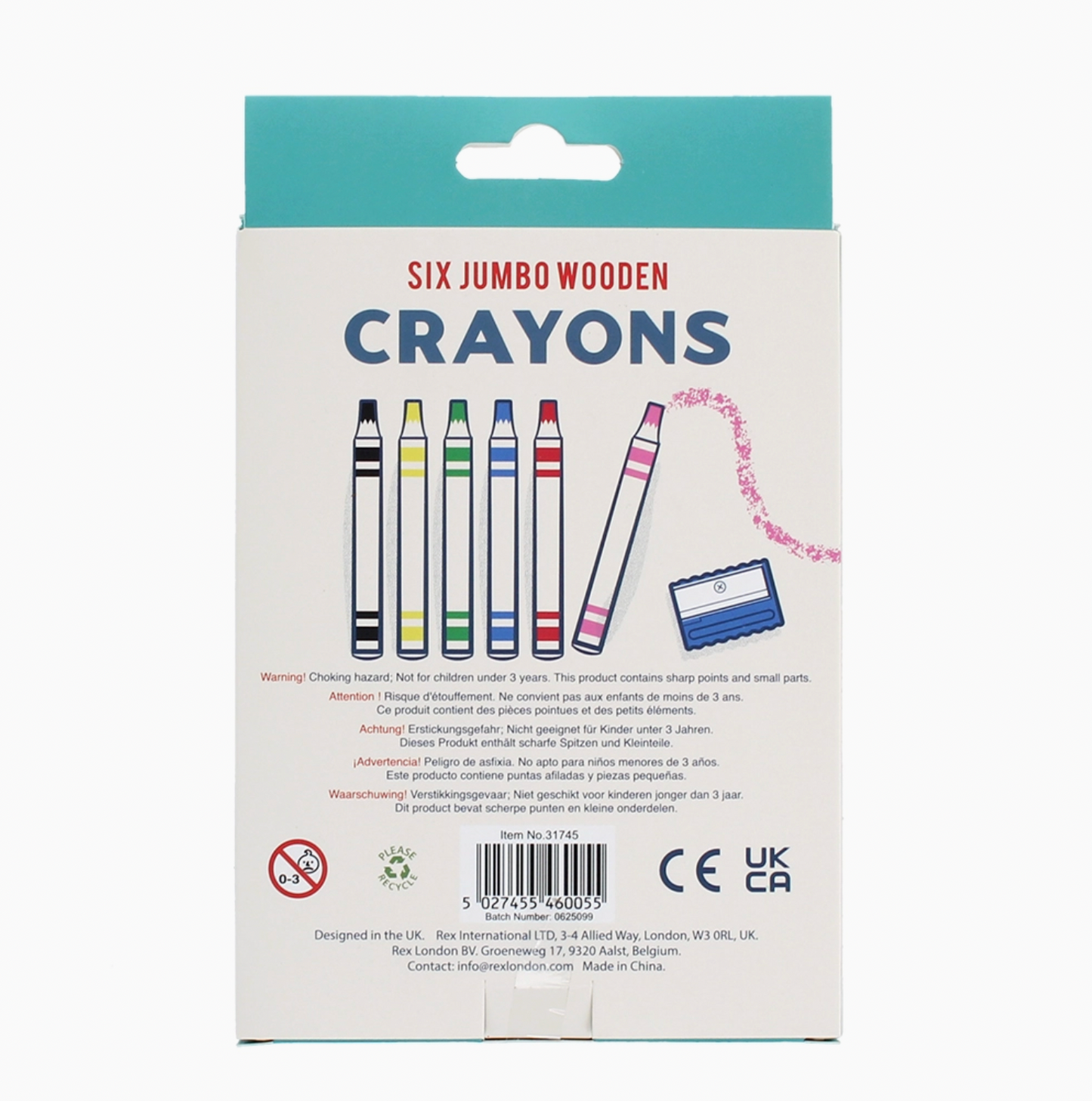 Rex London Six Jumbo Wooden Crayons set — back of card box showing CE and UKCA marks, age 3+ choking hazard warning, item No. 31745, barcode, "Designed in the UK" and "Please Recycle" symbols; Rex International, London