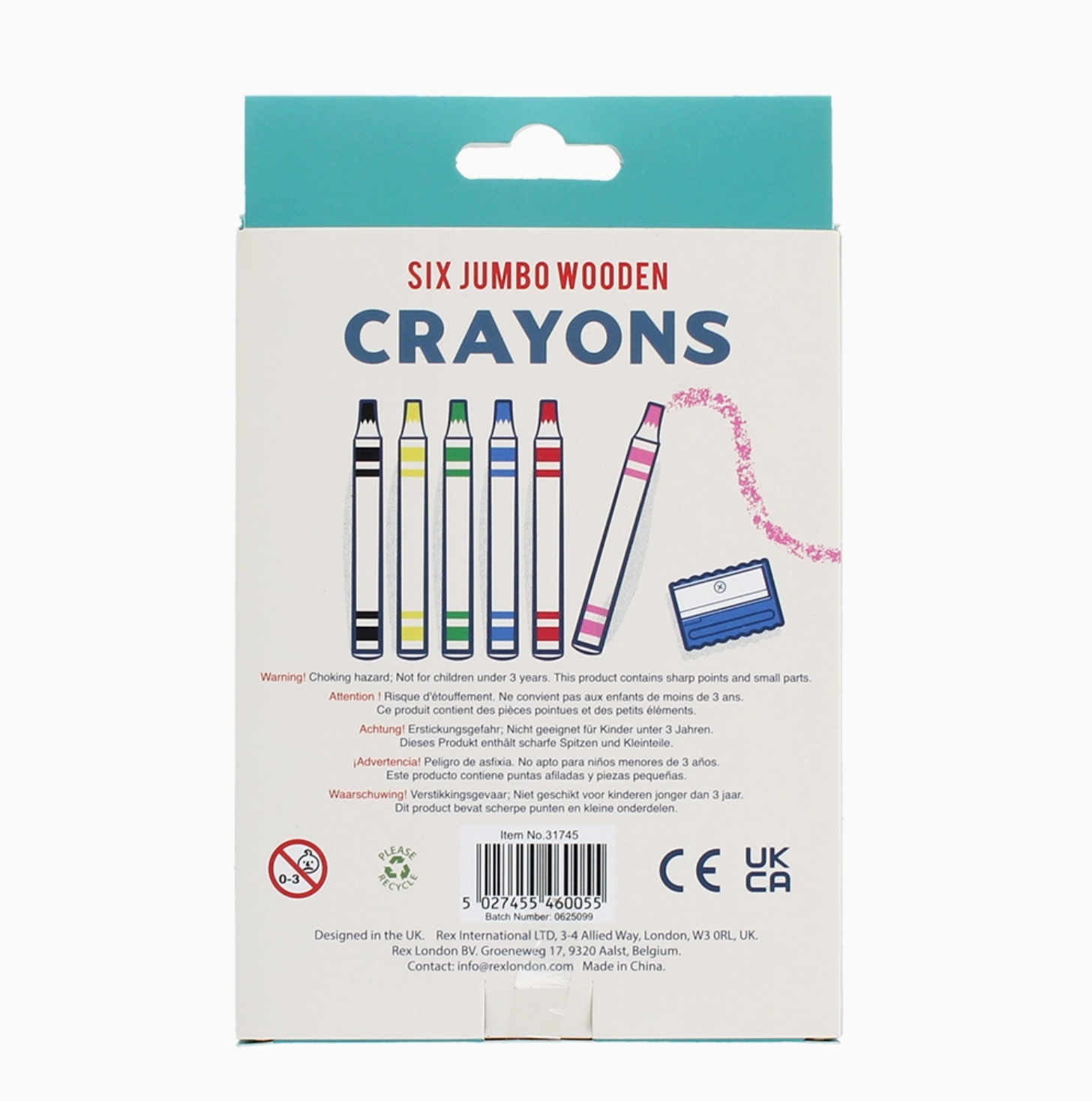 Rex London Six Jumbo Wooden Crayons set — back of card box showing CE and UKCA marks, age 3+ choking hazard warning, item No. 31745, barcode, "Designed in the UK" and "Please Recycle" symbols; Rex International, London