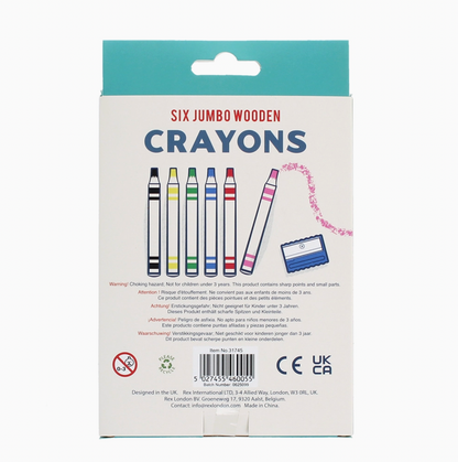 Rex London Six Jumbo Wooden Crayons set — back of card box showing CE and UKCA marks, age 3+ choking hazard warning, item No. 31745, barcode, "Designed in the UK" and "Please Recycle" symbols; Rex International, London