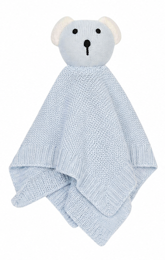 Cute & Co knitted bamboo teddy bear comforter in pale blue — 3D teddy bear head with cream knitted face, round ears and black embroidered eyes and nose, attached to a pale blue diamond basket-weave knit security blanket with ribbed border edges; 28x28cm