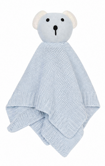 Cute & Co knitted bamboo teddy bear comforter in pale blue — 3D teddy bear head with cream knitted face, round ears and black embroidered eyes and nose, attached to a pale blue diamond basket-weave knit security blanket with ribbed border edges; 28x28cm