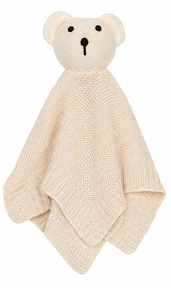 Cute & Co knitted bamboo teddy bear comforter in natural cream — 3D teddy bear head with cream knitted face, round ears and black embroidered eyes and nose, attached to a natural cream diamond basket-weave knit security blanket with ribbed border edges; 28x28cm