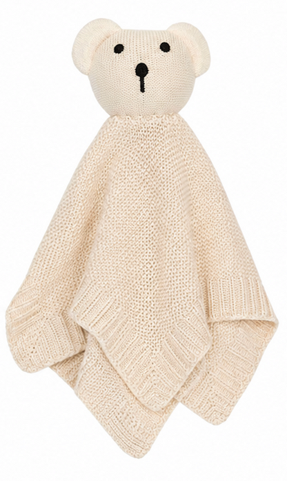 Cute & Co knitted bamboo teddy bear comforter in natural cream — 3D teddy bear head with cream knitted face, round ears and black embroidered eyes and nose, attached to a natural cream diamond basket-weave knit security blanket with ribbed border edges; 28x28cm