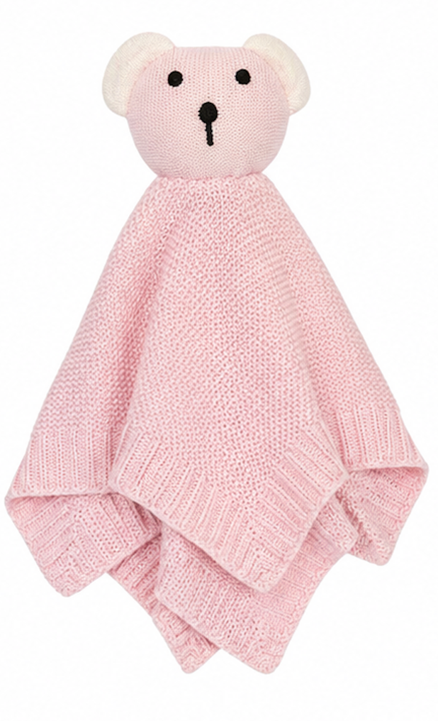 Cute & Co knitted bamboo teddy bear comforter in soft pink — 3D teddy bear head with cream knitted face, round ears and black embroidered eyes and nose, attached to a soft pink diamond basket-weave knit security blanket with ribbed border edges; 28x28cm