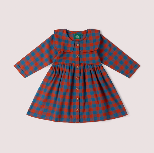 Little Green Rascals burnt ochre and teal blue check sailor dress — front flat lay on white background showing wide flat sailor collar, full-length button opening with natural coconut shell buttons, fitted bodice, full gathered skirt and long sleeves with plain cuffs; Little Green Rascals teal woven label at back neck