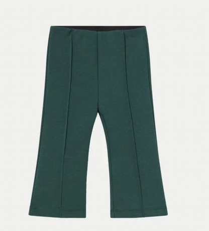 Mayoral girls' emerald green flared trousers — flat lay product shot on white background showing the full flared leg silhouette and front seam detail