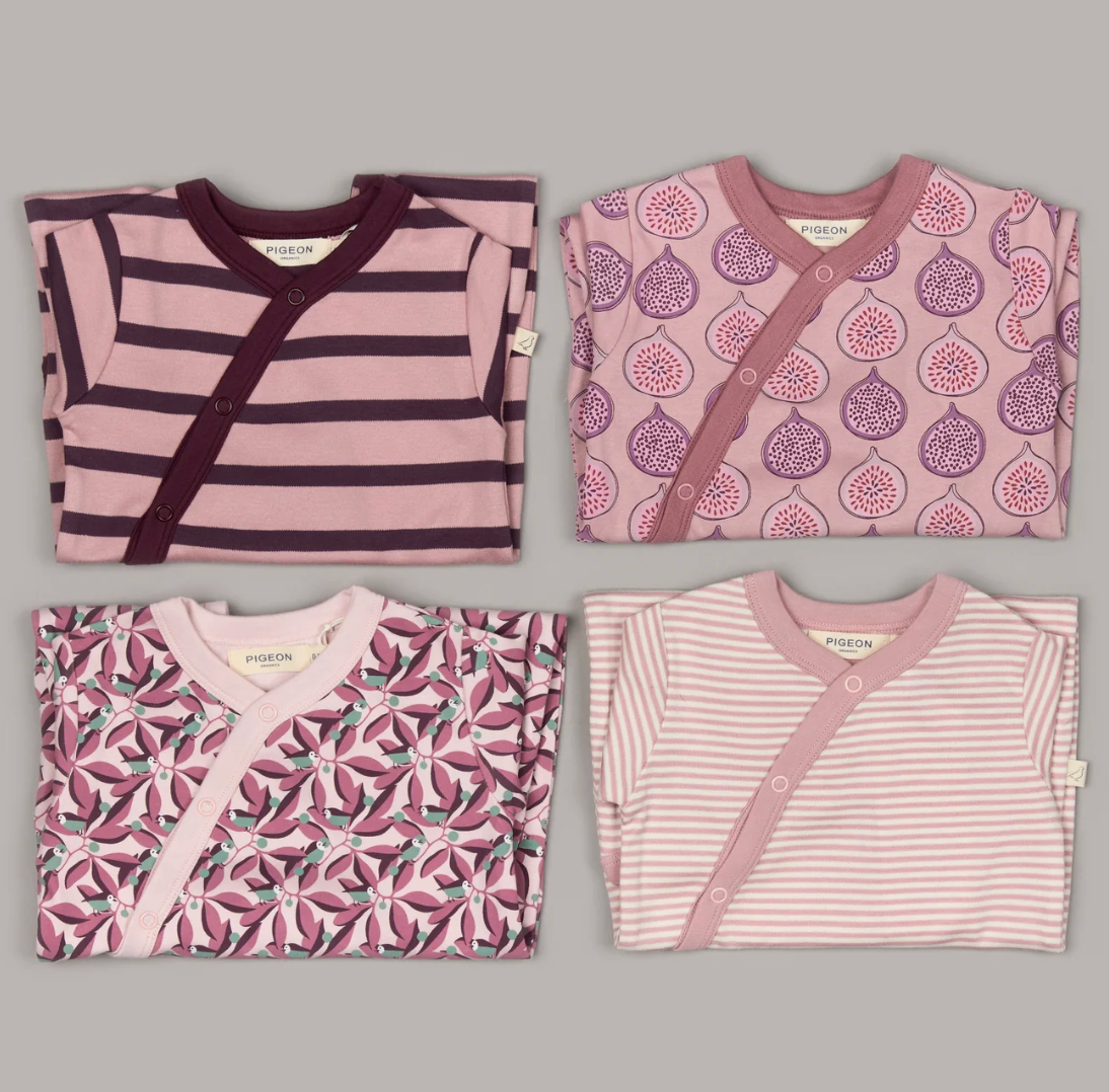 Range shot — all four kimono sleepsuit colourways; this listing (top-left) identified; fig print, bird print and fine stripe variants described.